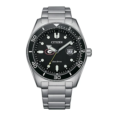 Men's Citizen Watch Silver Georgia Bulldogs Eco-Drive Sport Casual Stainless Black Dial Steel Watch