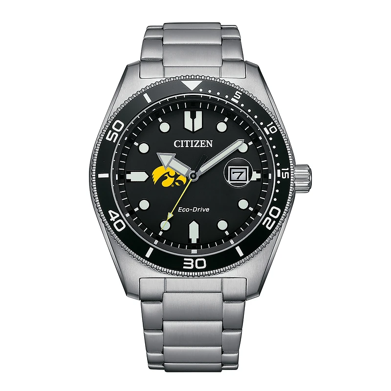 Men's Citizen Watch Silver Iowa Hawkeyes Eco-Drive Sport Casual Stainless Black Dial Steel Watch