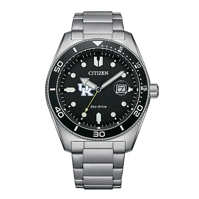 Men's Citizen Watch Silver Kentucky Wildcats Eco-Drive Sport Casual Stainless Black Dial Steel Watch