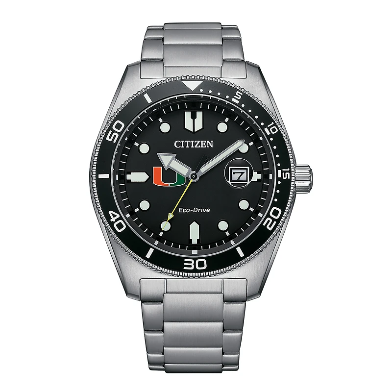 Men's Citizen Watch Silver Miami Hurricanes Eco-Drive Sport Casual Stainless Black Dial Steel Watch