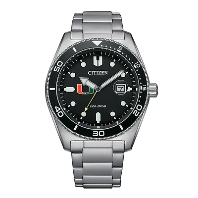 Men's Citizen Watch Silver Miami Hurricanes Eco-Drive Sport Casual Stainless Black Dial Steel Watch