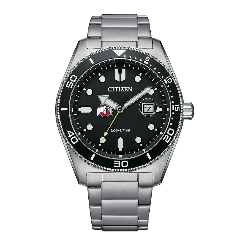 Men's Citizen Watch Silver Ohio State Buckeyes Eco-Drive Sport Casual Stainless Black Dial Steel Watch