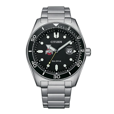 Men's Citizen Watch Silver Ohio State Buckeyes Eco-Drive Sport Casual Stainless Black Dial Steel Watch