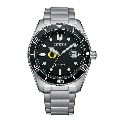 Men's Citizen Watch Silver Oregon Ducks Eco-Drive Sport Casual Stainless Black Dial Steel Watch