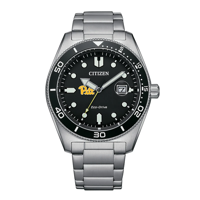 Men's Citizen Watch Silver Pitt Panthers Eco-Drive Sport Casual Stainless Black Dial Steel Watch