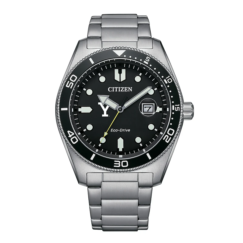 Men's Citizen Watch Silver Yale Bulldogs Eco-Drive Sport Casual Stainless Black Dial Steel Watch