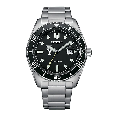 Men's Citizen Watch Silver Yale Bulldogs Eco-Drive Sport Casual Stainless Black Dial Steel Watch
