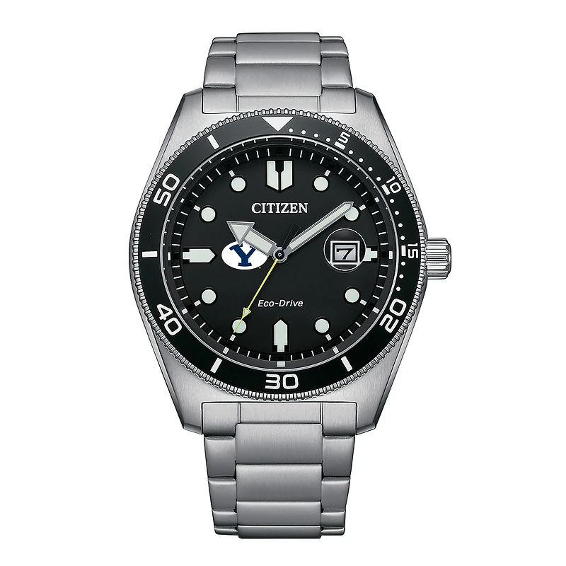 Men's Citizen Watch Silver BYU Cougars Eco-Drive Sport Casual Stainless Black Dial Steel Watch