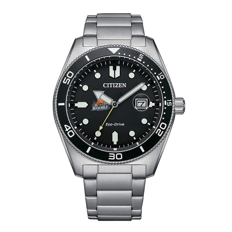 Men's Citizen Watch Silver Bucknell Bison Eco-Drive Sport Casual Stainless Black Dial Steel Watch