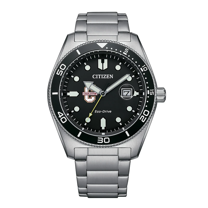 Men's Citizen Watch Silver Charleston Cougars Eco-Drive Sport Casual Stainless Black Dial Steel Watch