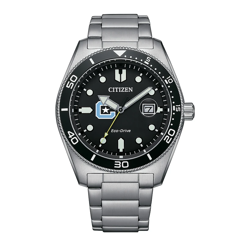 Men's Citizen Watch Silver Citadel Bulldogs Eco-Drive Sport Casual Stainless Black Dial Steel Watch