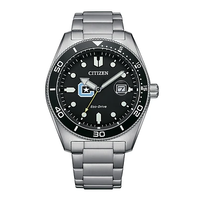 Men's Citizen Watch Silver Citadel Bulldogs Eco-Drive Sport Casual Stainless Black Dial Steel Watch