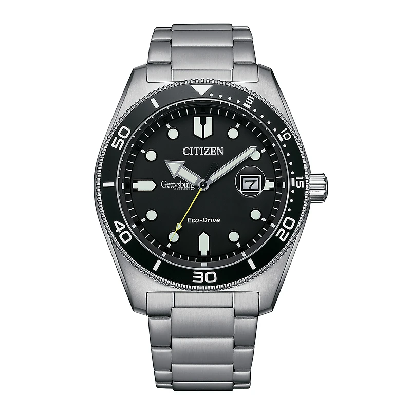 Men's Citizen Watch Silver Gettysburg Bullets Eco-Drive Sport Casual Stainless Black Dial Steel Watch