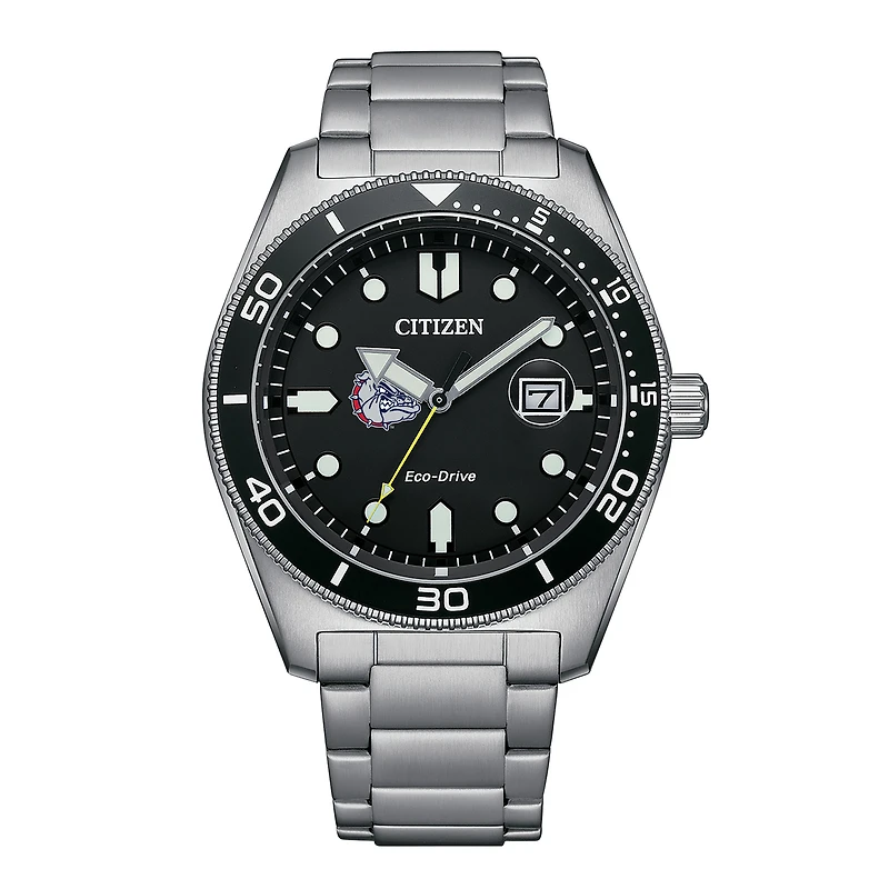 Men's Citizen Watch Silver Gonzaga Bulldogs Eco-Drive Sport Casual Stainless Black Dial Steel Watch
