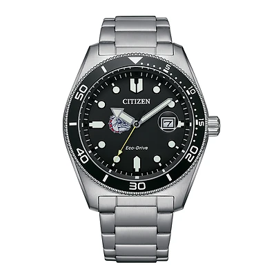 Men's Citizen Watch Silver Gonzaga Bulldogs Eco-Drive Sport Casual Stainless Black Dial Steel Watch