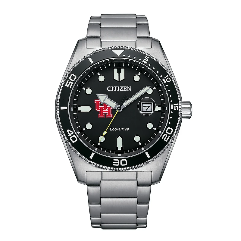 Men's Citizen Watch Silver Houston Cougars Eco-Drive Sport Casual Stainless Black Dial Steel Watch