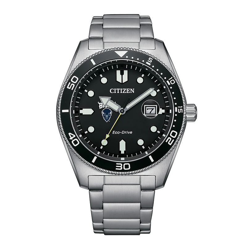 Men's Citizen Watch Silver Howard Bison Eco-Drive Sport Casual Stainless Black Dial Steel Watch
