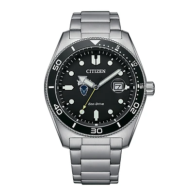 Men's Citizen Watch Silver Howard Bison Eco-Drive Sport Casual Stainless Black Dial Steel Watch