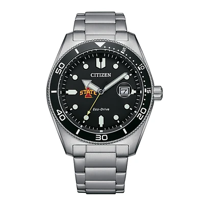 Men's Citizen Watch Silver Iowa State Cyclones Eco-Drive Sport Casual Stainless Black Dial Steel Watch