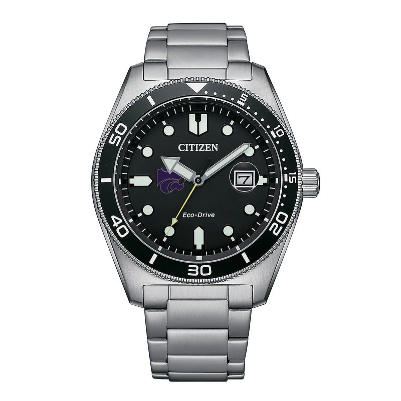 Men's Citizen Watch Silver Kansas State Wildcats Eco-Drive Sport Casual Stainless Black Dial Steel Watch