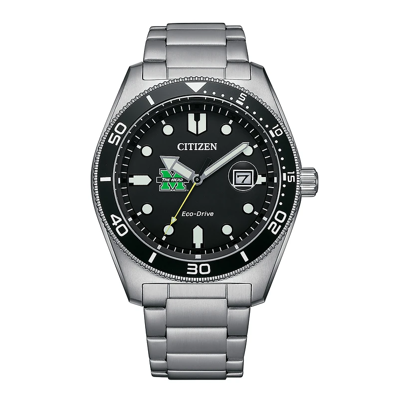 Men's Citizen Watch Silver Marshall Thundering Herd Eco-Drive Sport Casual Stainless Black Dial Steel Watch