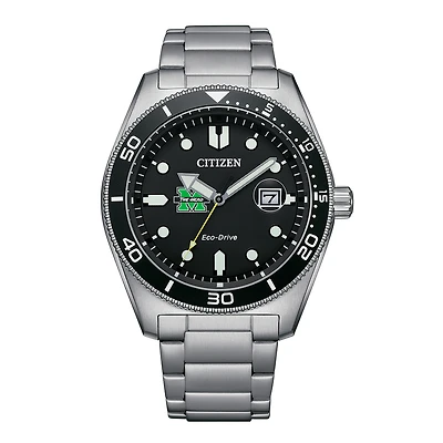 Men's Citizen Watch Silver Marshall Thundering Herd Eco-Drive Sport Casual Stainless Black Dial Steel Watch