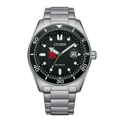 Men's Citizen Watch Silver Miami University RedHawks Eco-Drive Sport Casual Stainless Black Dial Steel Watch