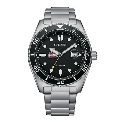 Men's Citizen Watch Silver Mississippi State Bulldogs Eco-Drive Sport Casual Stainless Black Dial Steel Watch