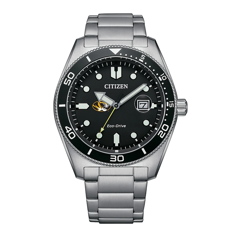 Men's Citizen Watch Silver Missouri Tigers Eco-Drive Sport Casual Stainless Black Dial Steel Watch