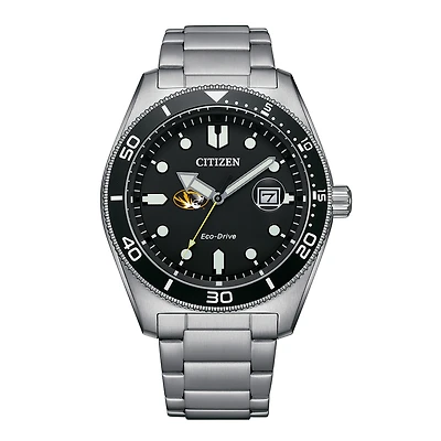 Men's Citizen Watch Silver Missouri Tigers Eco-Drive Sport Casual Stainless Black Dial Steel Watch