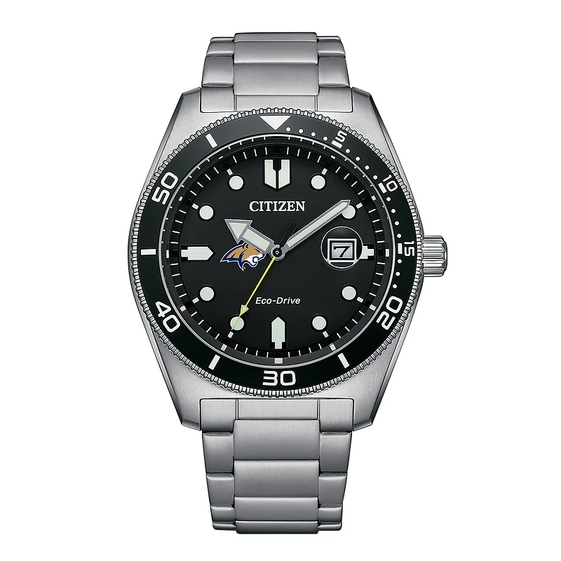Men's Citizen Watch Silver Montana State Bobcats Eco-Drive Sport Casual Stainless Black Dial Steel Watch