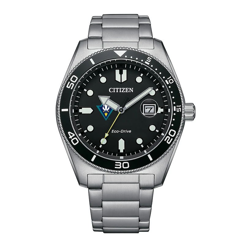 Men's Citizen Watch Silver UNC Wilmington Seahawks Eco-Drive Sport Casual Stainless Black Dial Steel Watch