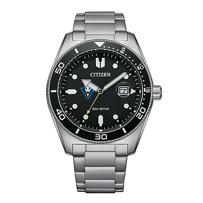 Men's Citizen Watch Silver UNC Wilmington Seahawks Eco-Drive Sport Casual Stainless Black Dial Steel Watch