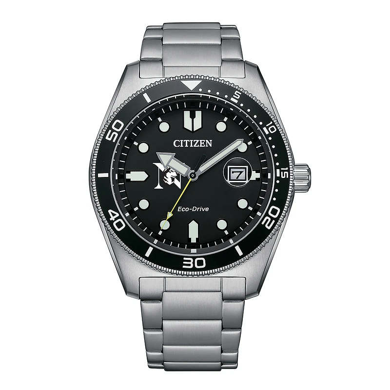 Men's Citizen Watch Silver Northeastern Huskies Eco-Drive Sport Casual Stainless Black Dial Steel Watch