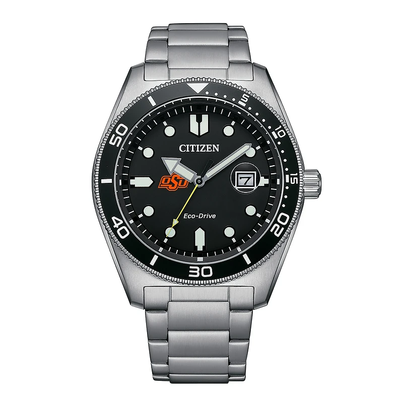 Men's Citizen Watch Silver Oklahoma State Cowboys Eco-Drive Sport Casual Stainless Black Dial Steel Watch