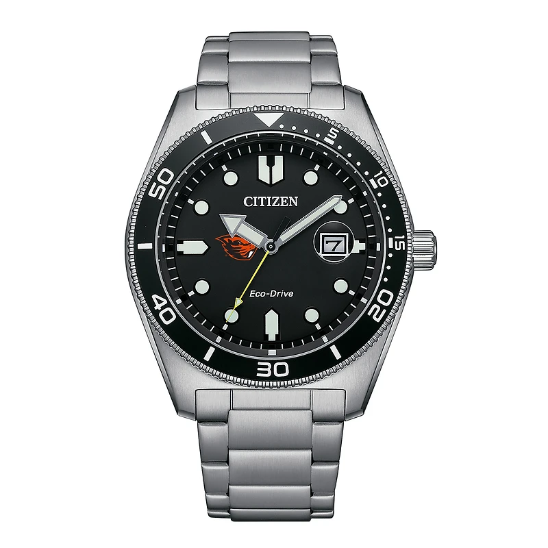 Men's Citizen Watch Silver Oregon State Beavers Eco-Drive Sport Casual Stainless Black Dial Steel Watch