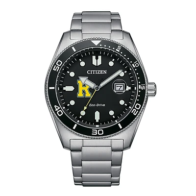 Men's Citizen Watch Silver Rochester Yellow Jackets Eco-Drive Sport Casual Stainless Black Dial Steel Watch