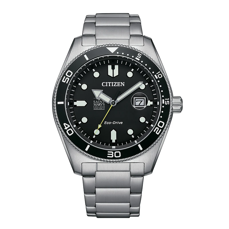 Men's Citizen Watch Silver Saint Mary's Belles Eco-Drive Sport Casual Stainless Black Dial Steel Watch