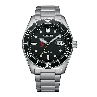 Men's Citizen Watch Silver Santa Clara Broncos Eco-Drive Sport Casual Stainless Black Dial Steel Watch