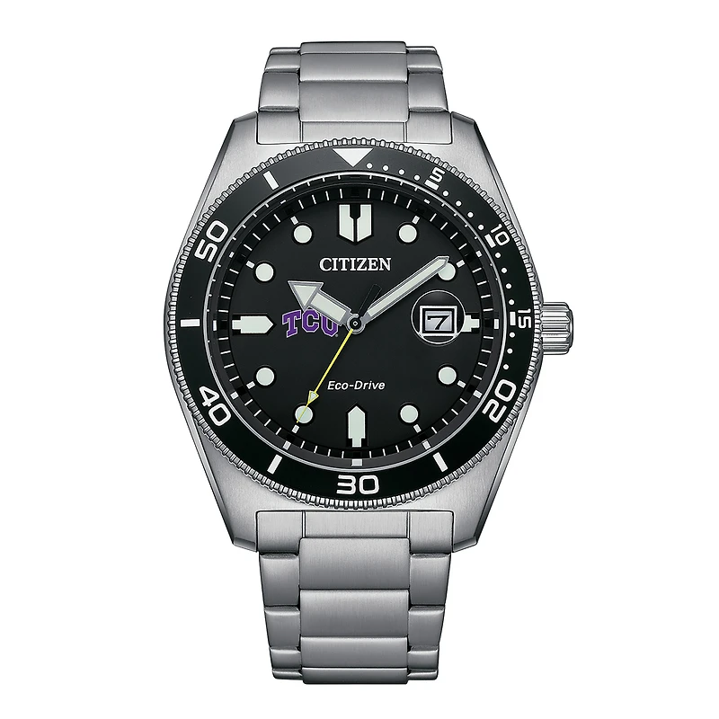 Men's Citizen Watch Silver TCU Horned Frogs Eco-Drive Sport Casual Stainless Black Dial Steel Watch