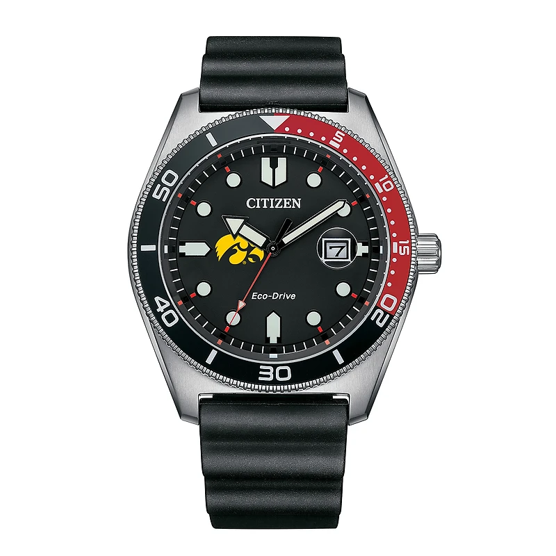 Men's Citizen Watch Black Iowa Hawkeyes Eco-Drive Sport Casual Black Dial Watch with Polyurethane Strap