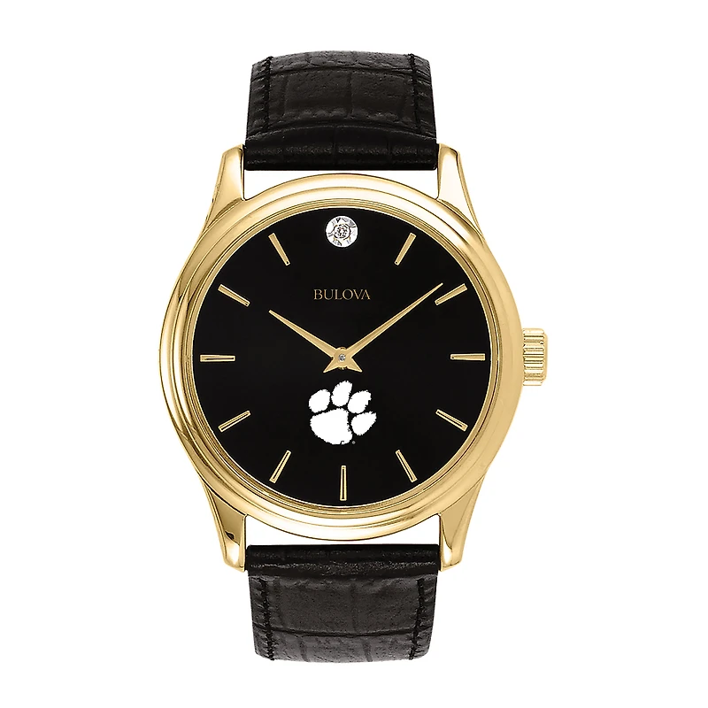 Men's Bulova Gold Clemson Tigers Leather Strap Watch with Diamond Black Dial