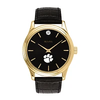 Men's Bulova Gold Clemson Tigers Leather Strap Watch with Diamond Black Dial