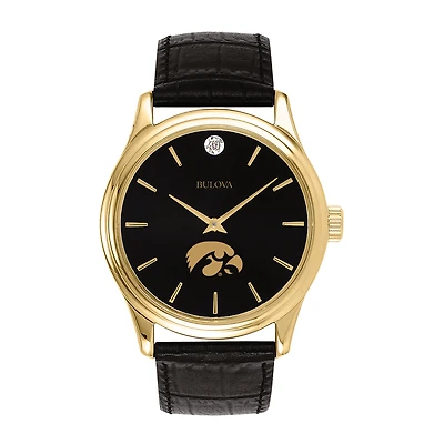Men's Bulova Gold Iowa Hawkeyes Leather Strap Watch with Diamond Black Dial