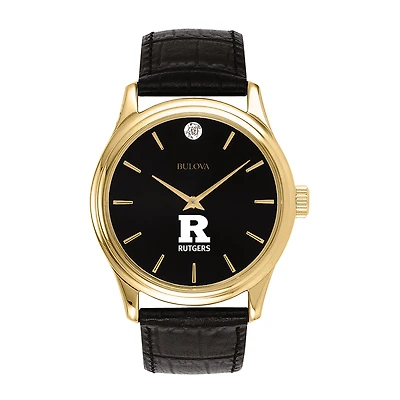 Men's Bulova Gold Rutgers Scarlet Knights Leather Strap Watch with Diamond Black Dial