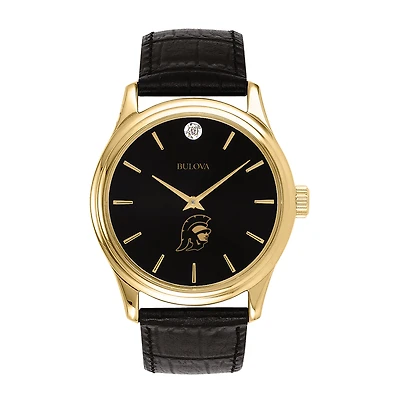 Men's Bulova Gold USC Trojans Leather Strap Watch with Diamond Black Dial