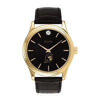 Men's Bulova Gold USC Trojans Leather Strap Watch with Diamond Black Dial