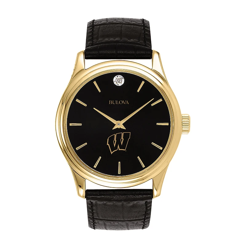 Men's Bulova Gold Wisconsin Badgers Leather Strap Watch with Diamond Black Dial