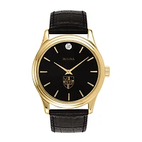 Men's Bulova Gold Catholic University Cardinals Leather Strap Watch with Diamond Black Dial