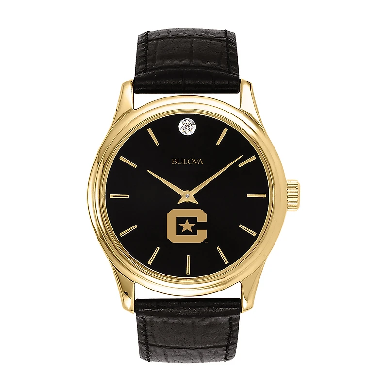 Men's Bulova Gold Citadel Bulldogs Leather Strap Watch with Diamond Black Dial